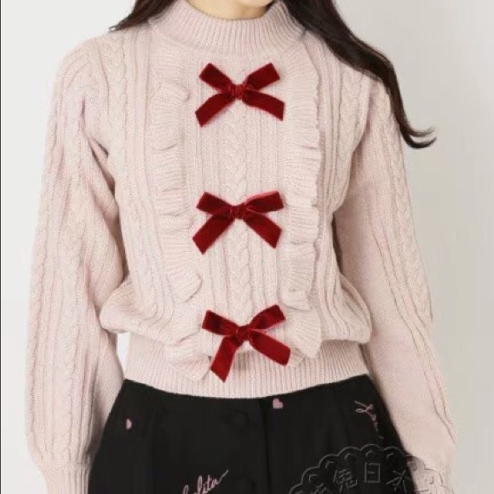 Winter Pink Knit Ruffle Sweater with Magenta Bow - Picture 1 of 8